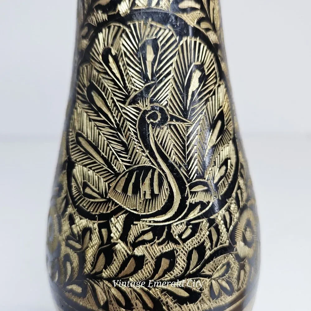 Vtg Black Gold Etched Brass Vase Peacock Floral Metalwork 9.5